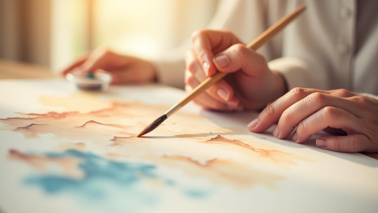 수채화로 풍경을 그리는 과정 중인 여성의 손